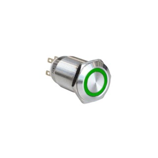 Bulgin Illuminated Latching Push Button Switch Panel Mount 19 mm Cutout SPST Green LED IP65 24 V dc MPI005
