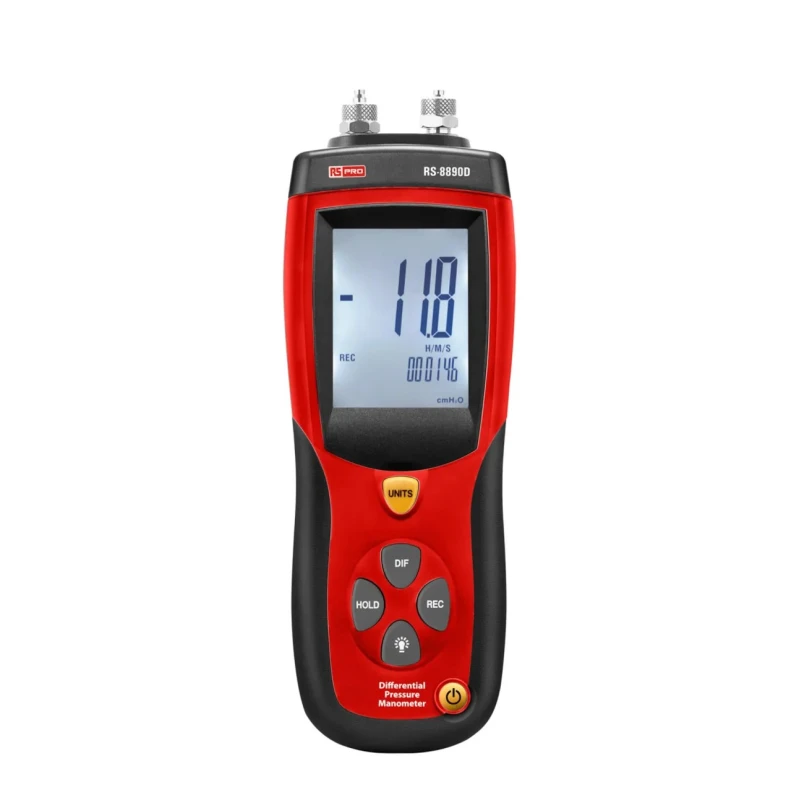 RS PRO Differential Manometer with 2 Pressure Ports, Max Pressure 2 bar, ±0.3% Accuracy, LCD Backlight Display RS-8890D