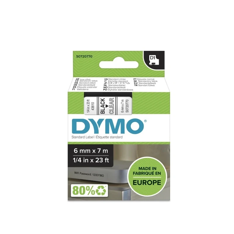 Dymo Black on Clear Label Printer Tape, 7 m Length, 6 mm Width S0720770