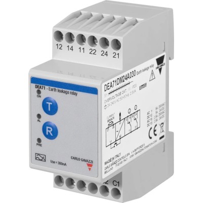 Carlo Gavazzi Earth Leakage Relay 24, 240V AC, 50 to 60 Hz ±10% Frequency, 300 mA Leakage, Relay SPDT, 14 NO DEA71DM24A030