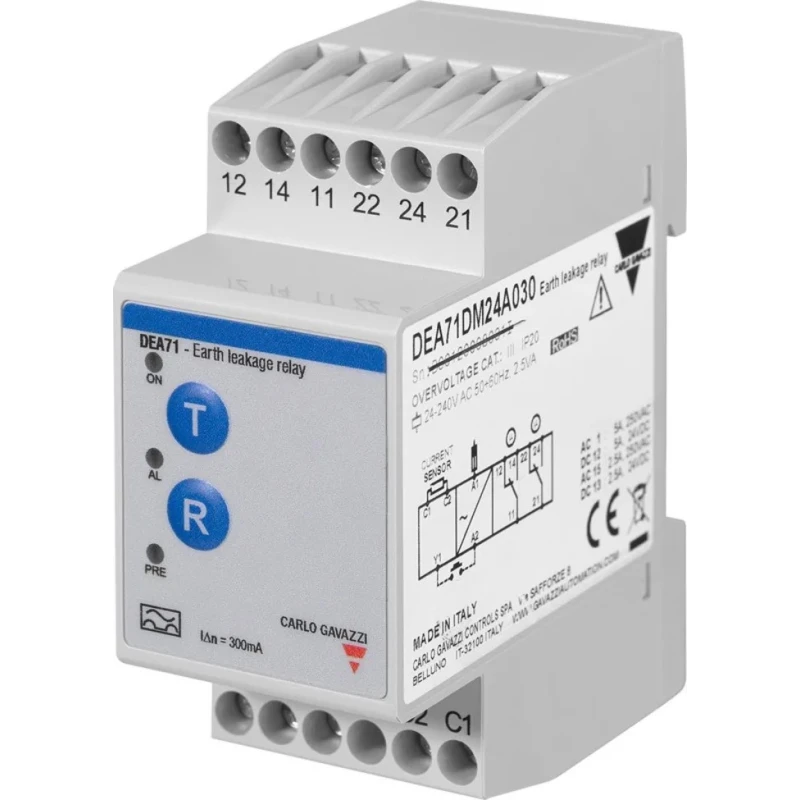 Carlo Gavazzi Earth Leakage Relay 24, 240V AC, 50 to 60 Hz ±10% Frequency, 300 mA Leakage, Relay SPDT, 14 NO DEA71DM24A030