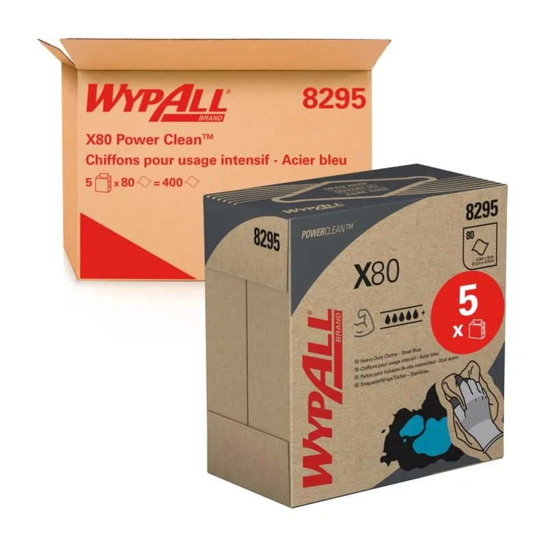 WYPALL X80 Power Clean™ 8295 Blue Cloths for General Cleaning, Dry Use, Box of 80 Per Pack, 426 x 212 mm 8295003