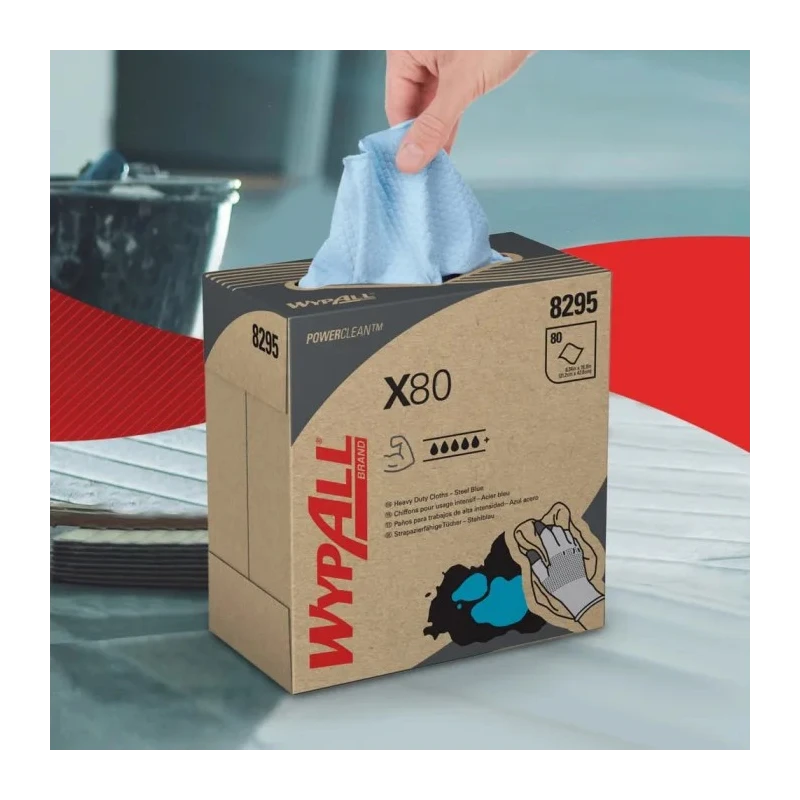 WYPALL X80 Power Clean™ 8295 Blue Cloths for General Cleaning, Dry Use, Box of 80 Per Pack, 426 x 212 mm 8295003