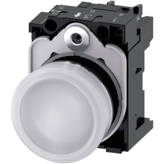 Siemens Panel Mount White LED Pilot Light 22 mm Cutout, 24 V AC/DC, IP20, Round Metal Bezel 3SU1152-6AA60-1AA0