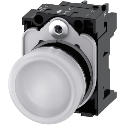 Siemens Panel Mount White LED Pilot Light 22 mm Cutout, 24 V AC/DC, IP20, Round Metal Bezel 3SU1152-6AA60-1AA0