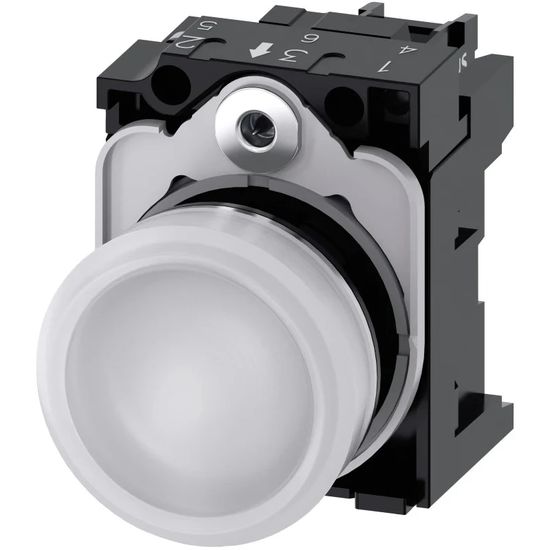 Siemens Panel Mount White LED Pilot Light 22 mm Cutout, 24 V AC/DC, IP20, Round Metal Bezel 3SU1152-6AA60-1AA0