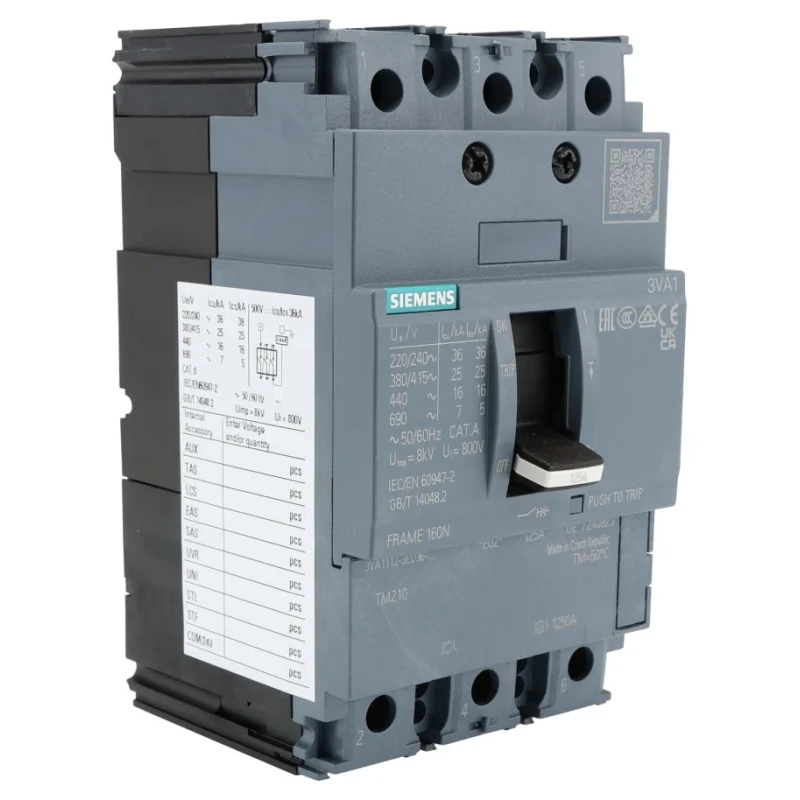 Siemens SENTRON Molded Case Circuit Breaker 3-Pole 125A 25kA Breaking Capacity Fixed Mount 3VA1112-3ED36-0AA0