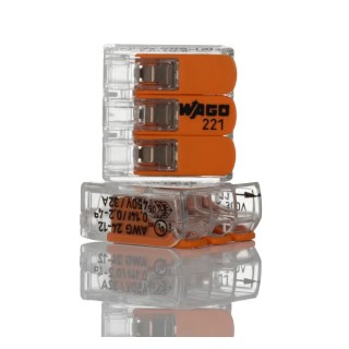 WAGO 221 Series Lever Connector, 3-Way, 12AWG to 24AWG Wire, 32A Current, 450V Voltage, Spring Cage Termination 221-413