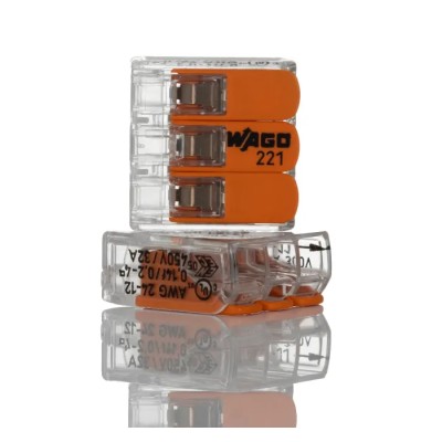 WAGO 221 Series Lever Connector, 3-Way, 12AWG to 24AWG Wire, 32A Current, 450V Voltage, Spring Cage Termination 221-413