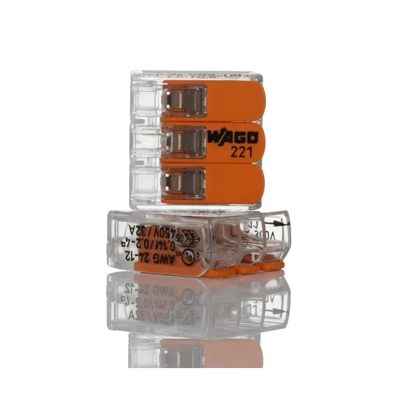WAGO 221 Series Lever Connector, 3-Way, 12AWG to 24AWG Wire, 32A Current, 450V Voltage, Spring Cage Termination 221-413