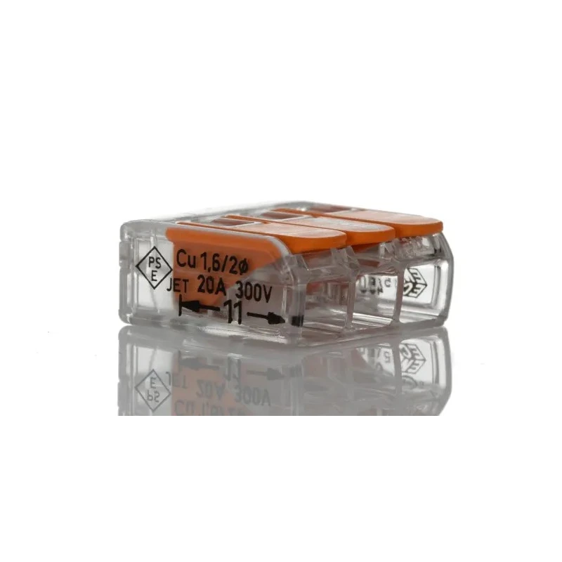 WAGO 221 Series Lever Connector, 3-Way, 12AWG to 24AWG Wire, 32A Current, 450V Voltage, Spring Cage Termination 221-413