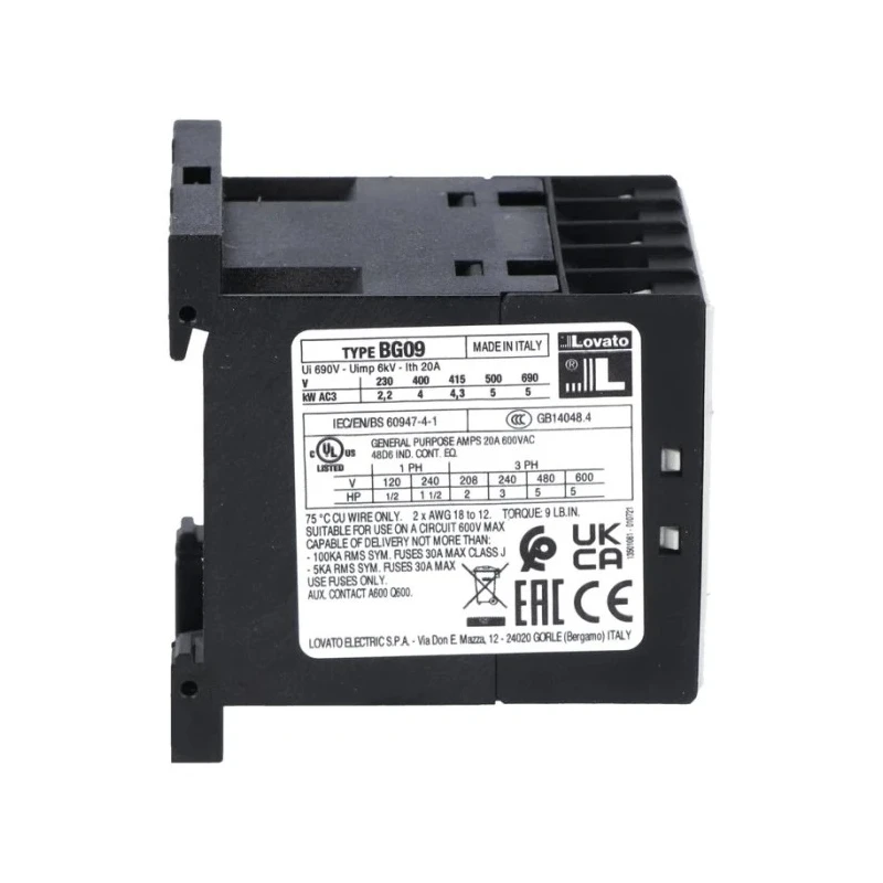 Lovato BG Contactor 3-Pole, 9 A Contact Current, 4 kW Power Rating, 230V AC Coil, 600V AC Contact Voltage 11BG0910A230