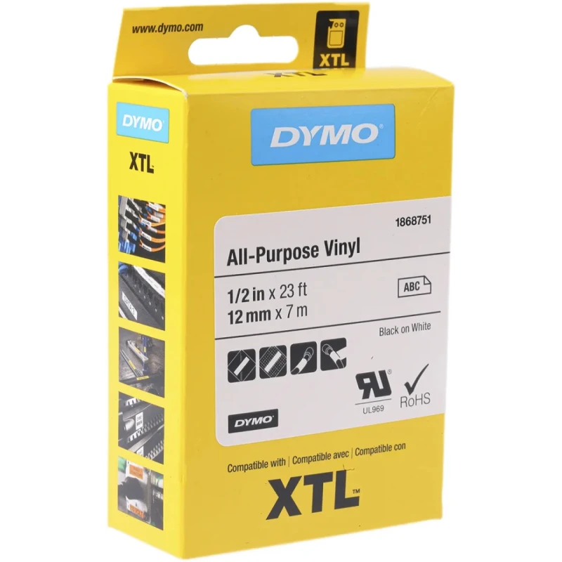 Dymo XTL Black on White Label Printer Tape, 12 mm Width, 7 m Tape Length, 5.5 m Label Length 1868751