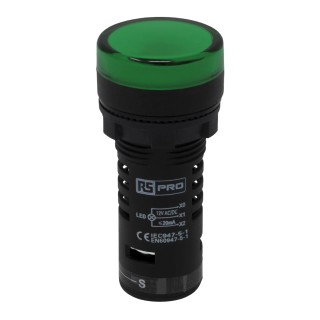 RS PRO Panel Mount Green LED Pilot Light 12 V AC/DC Polycarbonate IP65 Round 22mm Cutout LEDtec 909-2493