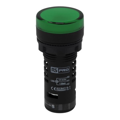 RS PRO Panel Mount Green LED Pilot Light 12 V AC/DC Polycarbonate IP65 Round 22mm Cutout LEDtec 909-2493