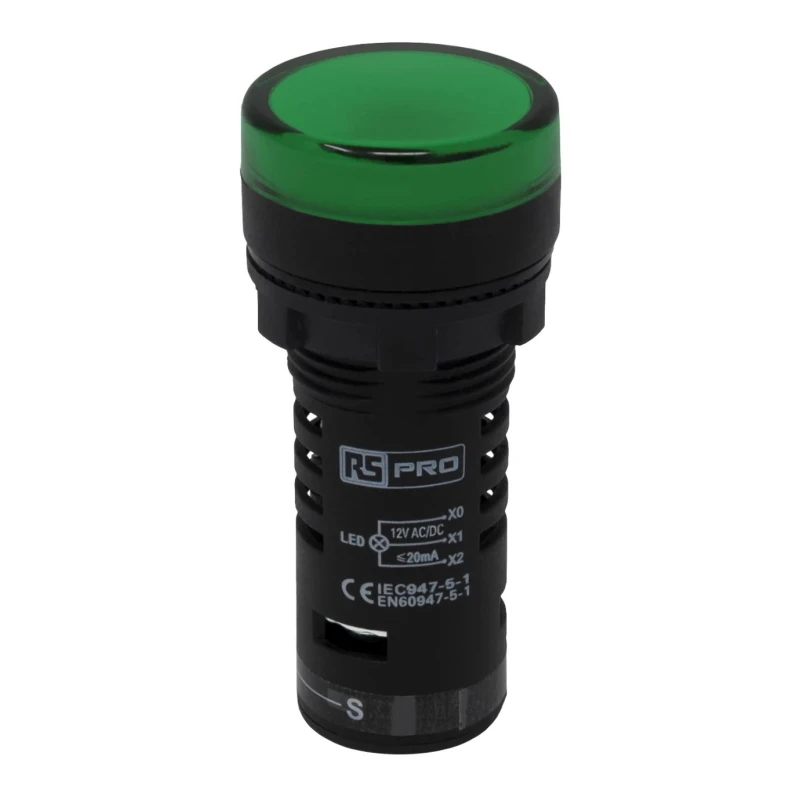 RS PRO Panel Mount Green LED Pilot Light 12 V AC/DC Polycarbonate IP65 Round 22mm Cutout LEDtec 909-2493