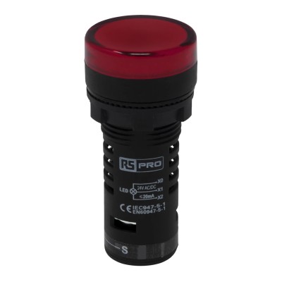 RS PRO Panel Mount Red LED Pilot Light LEDtec 22 mm Cutout 24 V AC/DC IP65 Round 909-2512