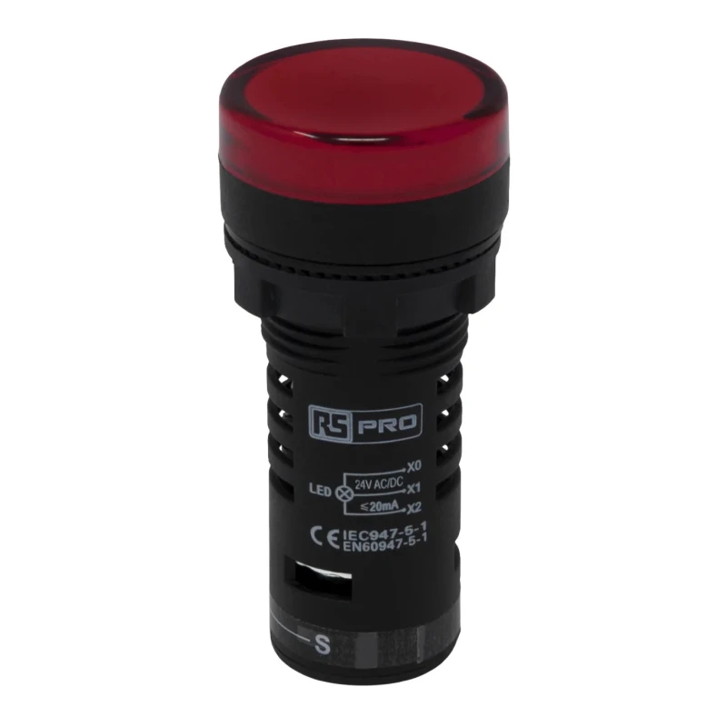 RS PRO Panel Mount Red LED Pilot Light LEDtec 22 mm Cutout 24 V AC/DC IP65 Round 909-2512