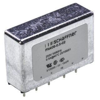 Schaffner PCB EMC Filter Single-Phase 500 mA 250V AC 400Hz Pin Termination FN406