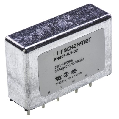 Schaffner PCB EMC Filter Single-Phase 500 mA 250V AC 400Hz Pin Termination FN406