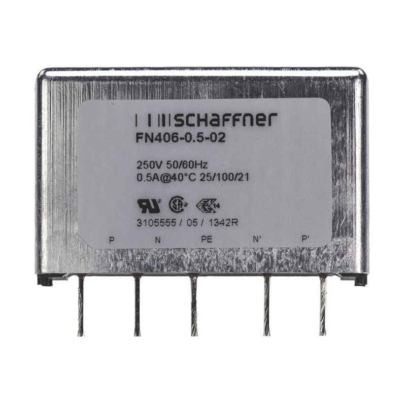 Schaffner PCB EMC Filter Single-Phase 500 mA 250V AC 400Hz Pin Termination FN406