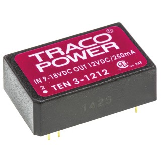 TRACOPOWER TEN 3 DC/DC Converter 12V DC 250 mA 18V DC Input 9V Input 3W Through Hole 85°C Max Temp TEN 3-1212