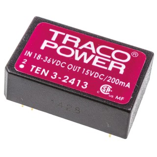 TRACOPOWER DC/DC Converter 15V DC Output 200mA 36V DC Input 3W Through Hole TEN 3-2413
