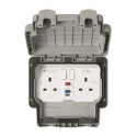 MK Electric 30mA Passive 2 Gang RCD Socket Polycarbonate Wall Mounted Switched Grey IP66 