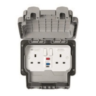 MK Electric 30mA Passive 2 Gang RCD Socket Polycarbonate Wall Mounted Switched Grey IP66 