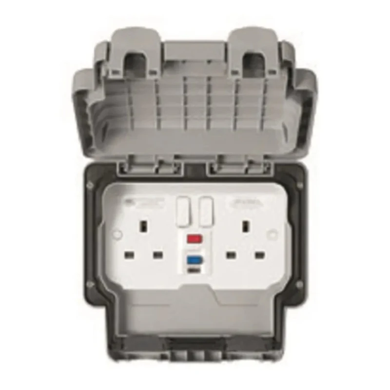 MK Electric 30mA Passive 2 Gang RCD Socket Polycarbonate Wall Mounted Switched Grey IP66 