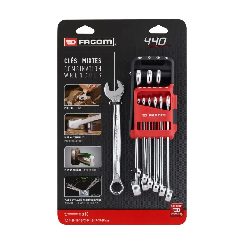 Facom 10-Piece Combination Spanner Set, 8 to 19 mm, Chrome Vanadium Steel 440.JP10PB