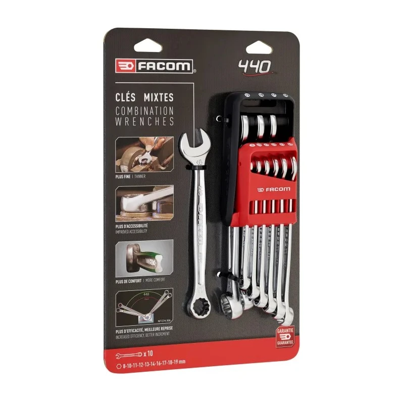 Facom 10-Piece Combination Spanner Set, 8 to 19 mm, Chrome Vanadium Steel 440.JP10PB