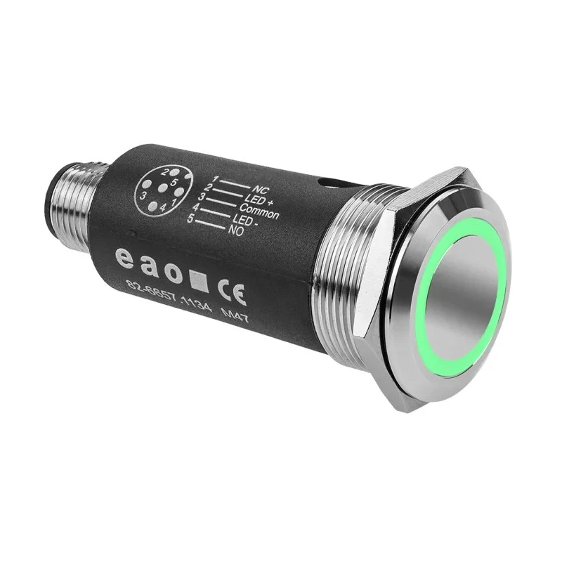 EAO Illuminated Push Button SPDT, Latching, Panel Mount, 22 mm Cutout, Green LED, IP65 IP67, 35 V dc, Model 82-6657.2134