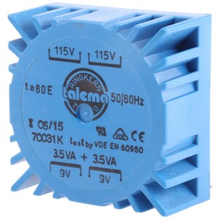 Nuvotem Talema 230 V ac 2 x 9 V ac Toroidal Transformer 2 Output 7 VA 50-60 Hz PCB Mount Pin Termination 70031K