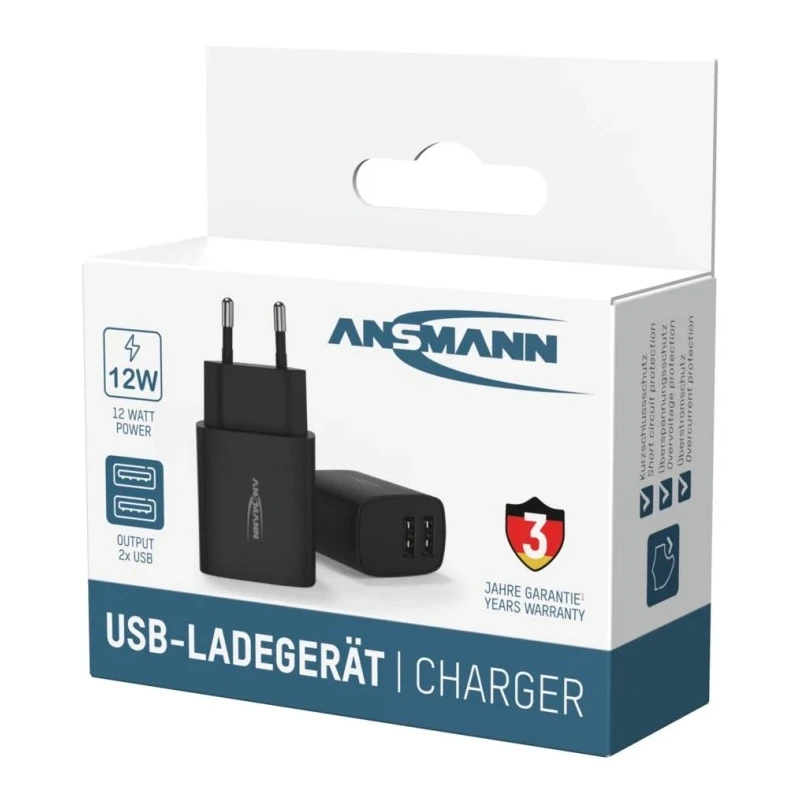 Ansmann 2 Output USB Linear Power Supply AC/DC Adapter EU Plug 5V DC Output 12W 2.4A 1001-0106-520