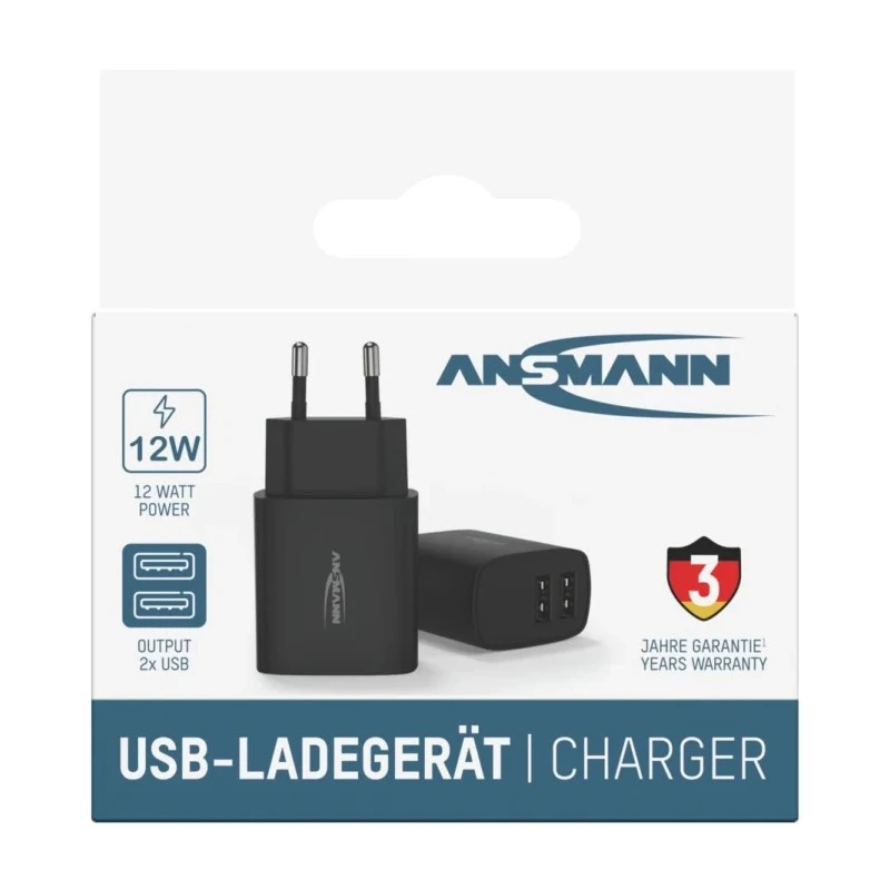 Ansmann 2 Output USB Linear Power Supply AC/DC Adapter EU Plug 5V DC Output 12W 2.4A 1001-0106-520
