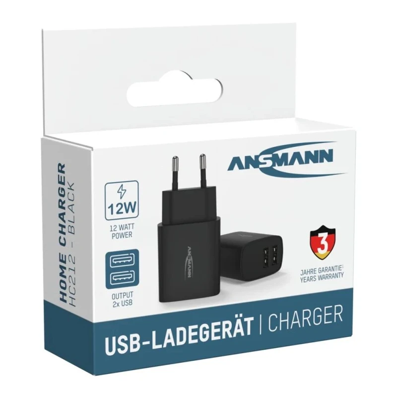 Ansmann 2 Output USB Linear Power Supply AC/DC Adapter EU Plug 5V DC Output 12W 2.4A 1001-0106-520