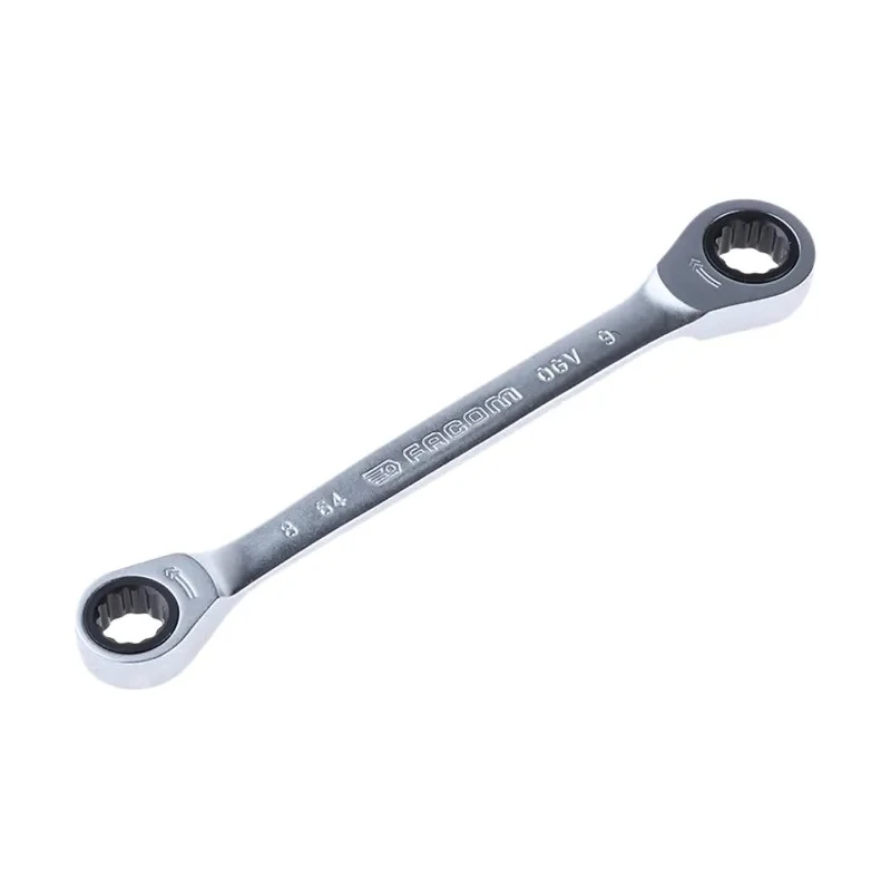 Facom Ratchet Ring Spanner Double Ended 8 x 9 mm, 128 mm Overall Length Satin Chrome Finish 64.8X9