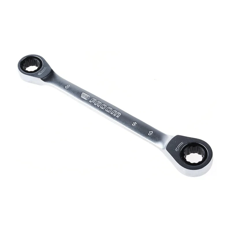 Facom Ratchet Ring Spanner Double Ended 8 x 9 mm, 128 mm Overall Length Satin Chrome Finish 64.8X9