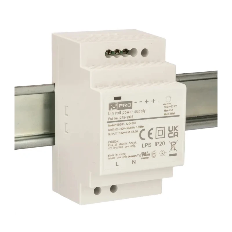 RS PRO DIN Rail Switched Mode Power Supply 264V AC Input 12V DC Output 4.5A 54W 56YSD60S 225-9905