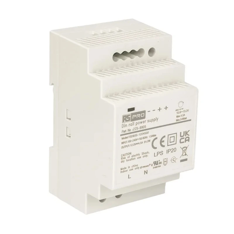 RS PRO DIN Rail Switched Mode Power Supply 264V AC Input 12V DC Output 4.5A 54W 56YSD60S 225-9905