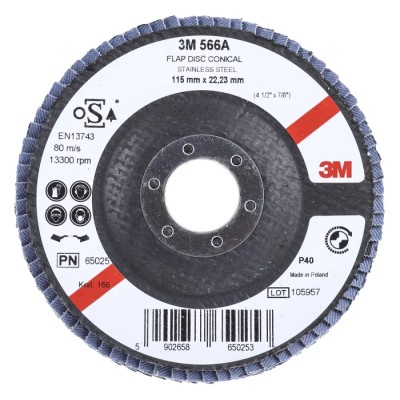 3M 566A Zirconia Aluminium Flap Disc, 115 mm Diameter, P40 Grit Coarse Grade, Quick Change Attachment 3M556D B61784
