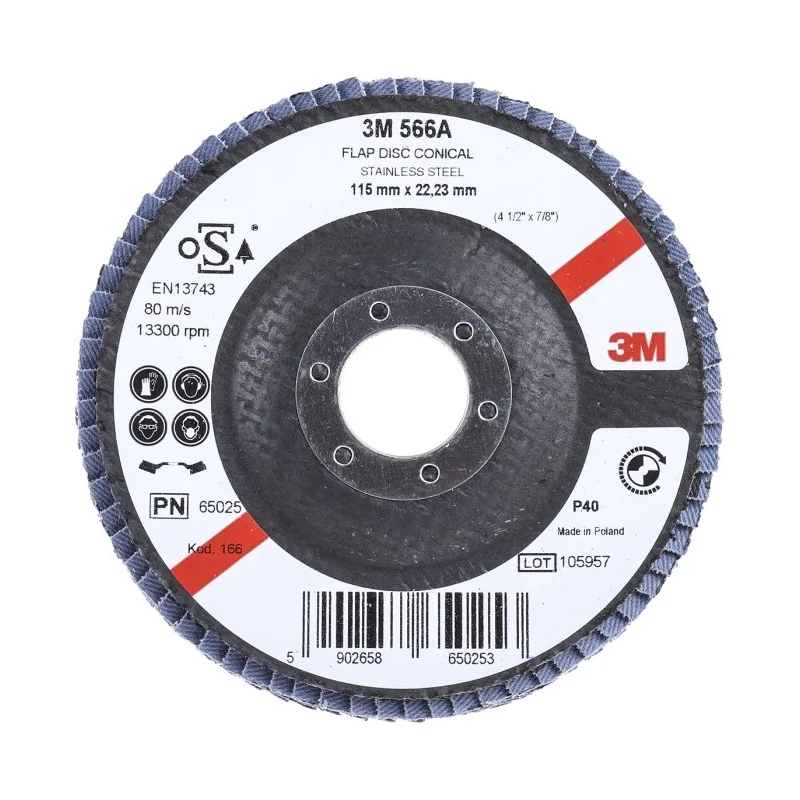 3M 566A Zirconia Aluminium Flap Disc, 115 mm Diameter, P40 Grit Coarse Grade, Quick Change Attachment 3M556D B61784
