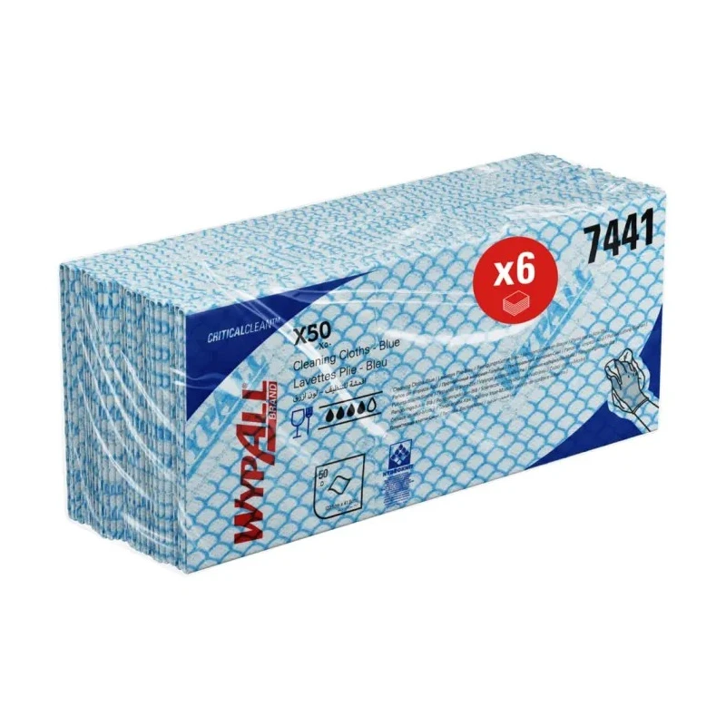 WYPALL X50 Critical Clean™ Blue Cloths for Surface Cleaning Dry Use Box of 50 Per Pack 418 x 221 mm 7441