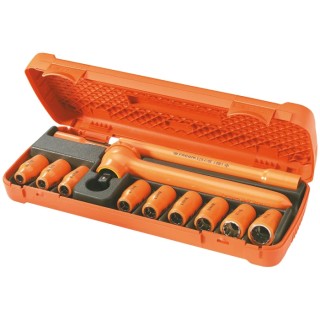 Facom 12-Piece 12.7 mm 12 Point Insulated Tool Set VDE 1000V Approved, Steel, Ratchet and Extensions S.400AVSE