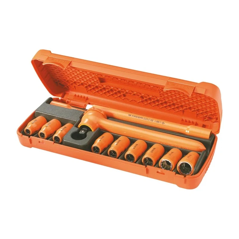 Facom 12-Piece 12.7 mm 12 Point Insulated Tool Set VDE 1000V Approved, Steel, Ratchet and Extensions S.400AVSE