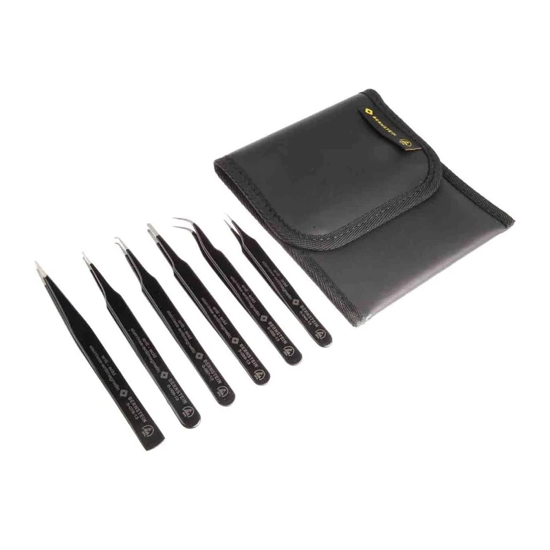 Bernstein Steel ESD Safe Precision Tweezer Set 6 Pieces Anti-Magnetic Anti-Acid DIN EN 61340 Series 5-060