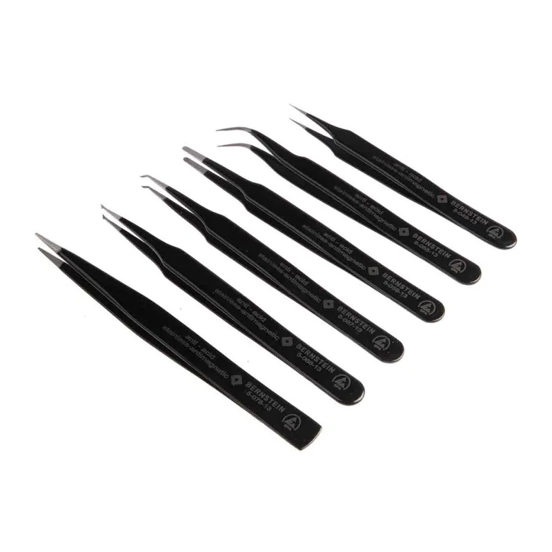 Bernstein Steel ESD Safe Precision Tweezer Set 6 Pieces Anti-Magnetic Anti-Acid DIN EN 61340 Series 5-060