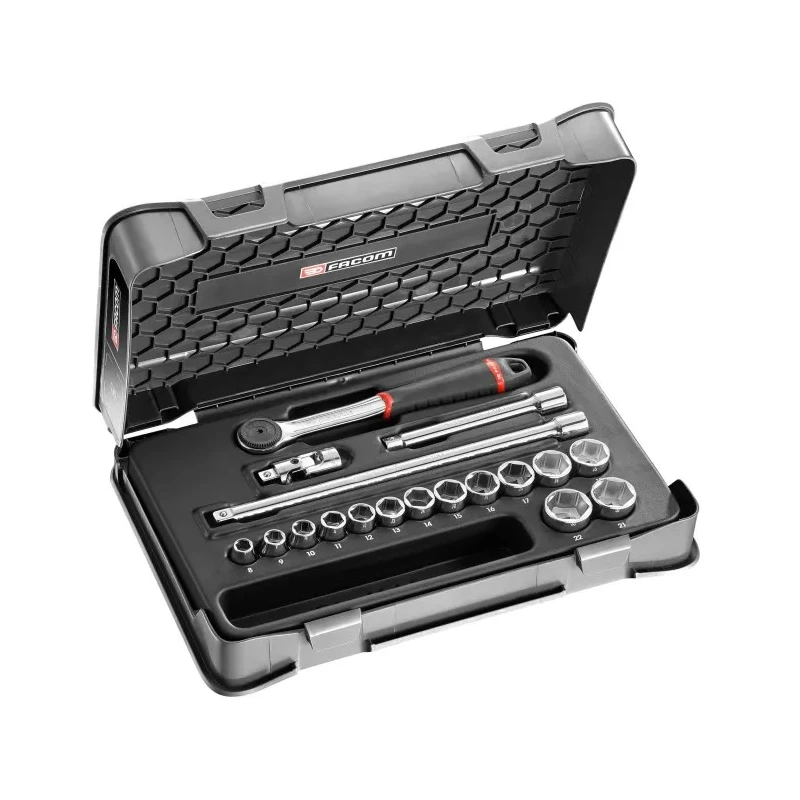 Facom 18-Piece 3/8 in 6 Point Socket Set, Bright Chrome Finish, Chrome Vanadium Steel J.161-2P6
