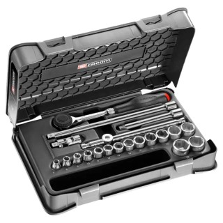 Facom 20-Piece 3/8 in Metric Socket Set Chrome Vanadium Steel Bright Chrome Finish J.360-3P6